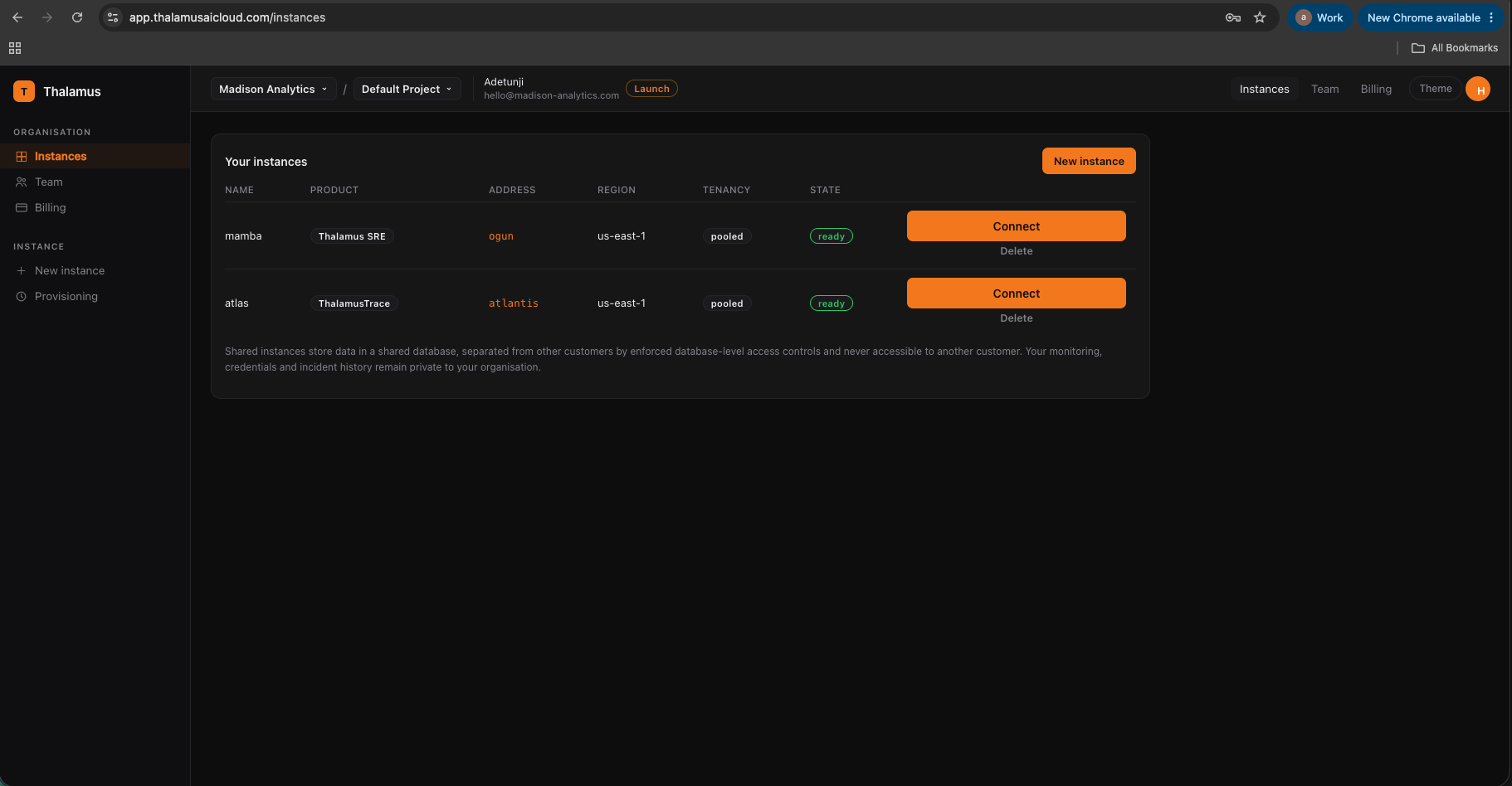 Thalamus AI Cloud instances page with both products ready